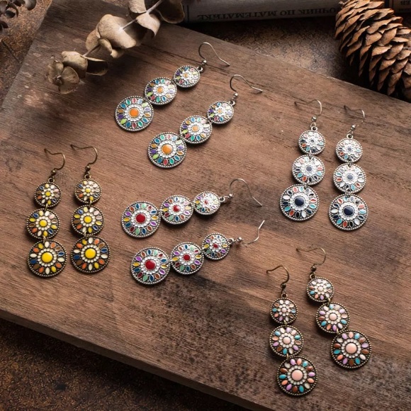 Multi Color Boho Round Stone Water Drop Earrings - Picture 3 of 4